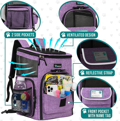 Professional Dog and Cat Backpack Carrier - Airline Approved, 4-Way Entry, Ventilated Mesh, Collapsible Design for Small Pets Up to 18 lbs - Ideal for Hiking, Travel, and Vet Visits - Purple