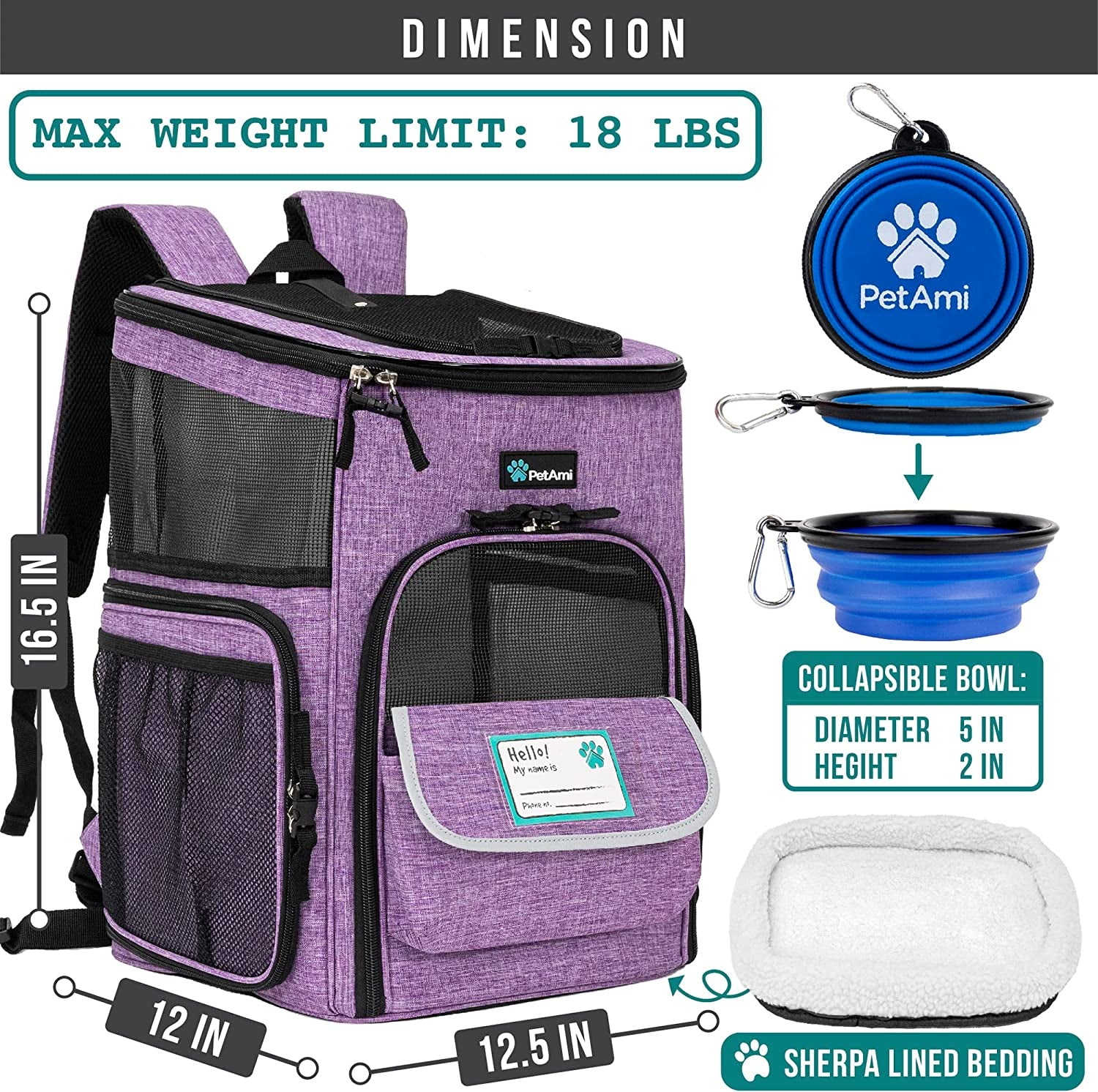 Professional Dog and Cat Backpack Carrier - Airline Approved, 4-Way Entry, Ventilated Mesh, Collapsible Design for Small Pets Up to 18 lbs - Ideal for Hiking, Travel, and Vet Visits - Purple