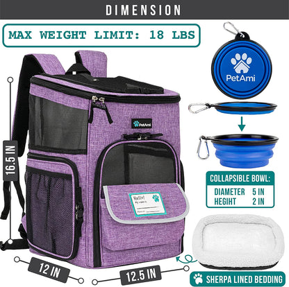 Professional Dog and Cat Backpack Carrier - Airline Approved, 4-Way Entry, Ventilated Mesh, Collapsible Design for Small Pets Up to 18 lbs - Ideal for Hiking, Travel, and Vet Visits - Purple