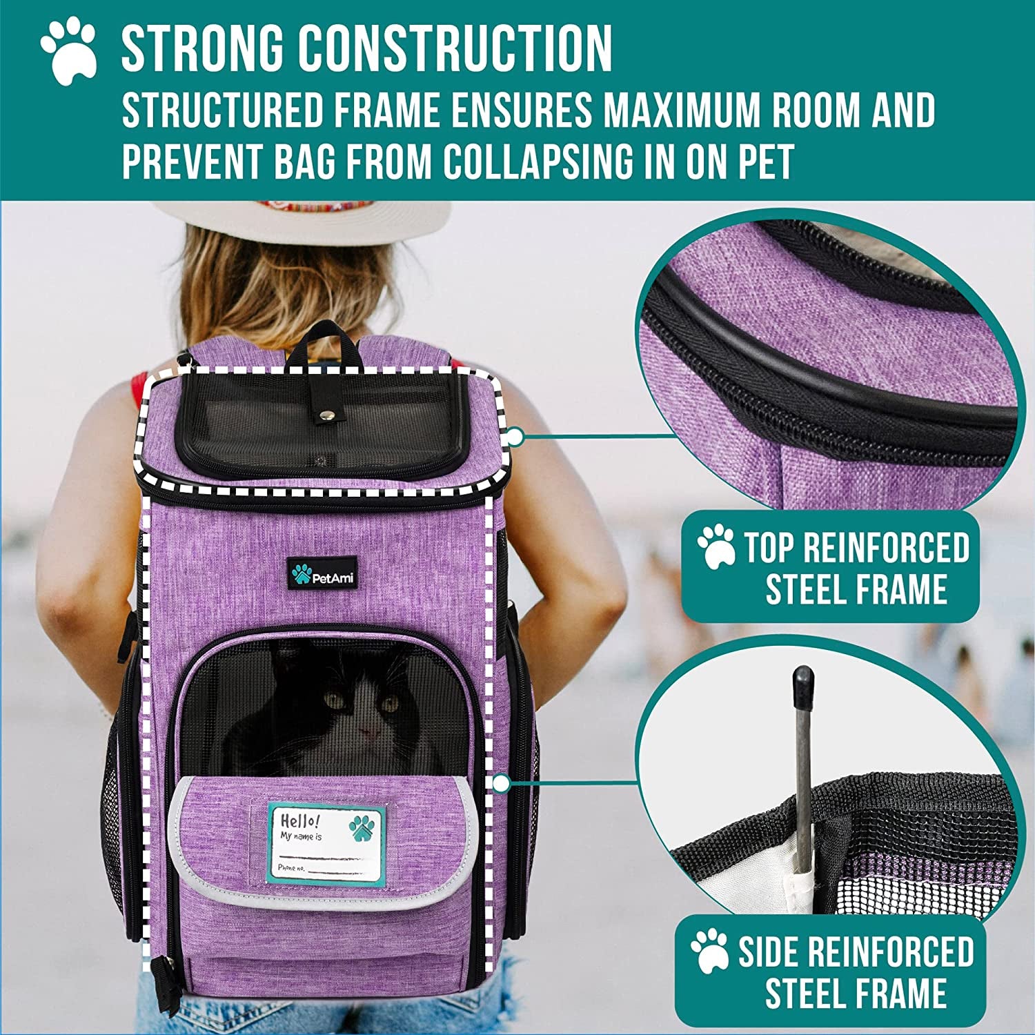Professional Dog and Cat Backpack Carrier - Airline Approved, 4-Way Entry, Ventilated Mesh, Collapsible Design for Small Pets Up to 18 lbs - Ideal for Hiking, Travel, and Vet Visits - Purple