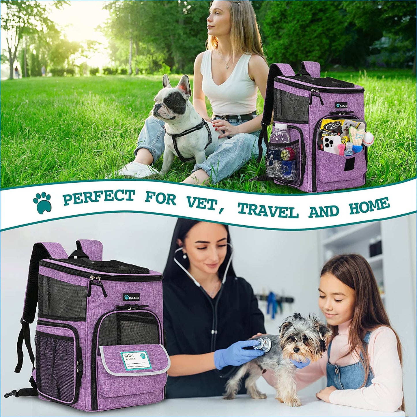 Professional Dog and Cat Backpack Carrier - Airline Approved, 4-Way Entry, Ventilated Mesh, Collapsible Design for Small Pets Up to 18 lbs - Ideal for Hiking, Travel, and Vet Visits - Purple