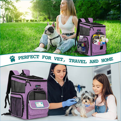 Professional Dog and Cat Backpack Carrier - Airline Approved, 4-Way Entry, Ventilated Mesh, Collapsible Design for Small Pets Up to 18 lbs - Ideal for Hiking, Travel, and Vet Visits - Purple