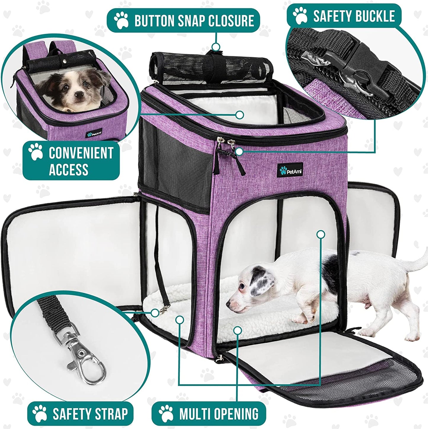Professional Dog and Cat Backpack Carrier - Airline Approved, 4-Way Entry, Ventilated Mesh, Collapsible Design for Small Pets Up to 18 lbs - Ideal for Hiking, Travel, and Vet Visits - Purple