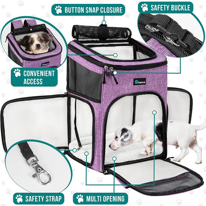 Professional Dog and Cat Backpack Carrier - Airline Approved, 4-Way Entry, Ventilated Mesh, Collapsible Design for Small Pets Up to 18 lbs - Ideal for Hiking, Travel, and Vet Visits - Purple